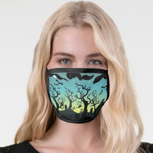 Aqua blue and yellow graveyard scene Halloween Face Mask