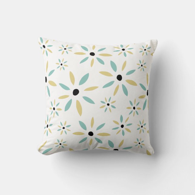 Aqua Blue And Yellow Mid Century Modern Flowers Throw Pillow (Front)