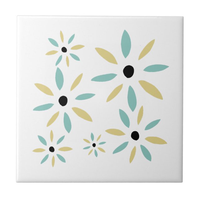 Aqua Blue And Yellow Mid Mod Retro Flowers Ceramic Tile (Front)