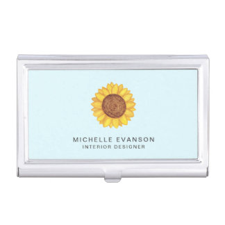 Aqua Blue and Yellow Sunflower Watercolor Logo Business Card Case