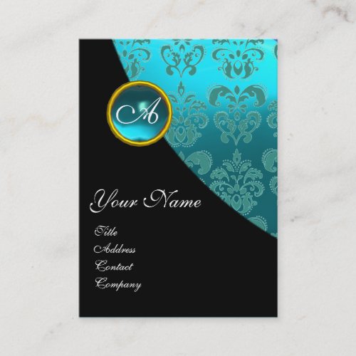 AQUA BLUE AQUAMARINE DAMASK MONOGRAM turquaseTeal Business Card