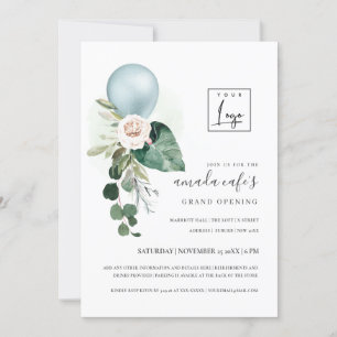 Aqua Blue Balloon Flora Logo Grand Opening Invite 
