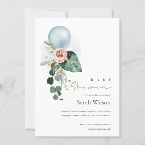 AQUA BLUE BALLOON FLORAL BUNCH BABY SHOWER INVITE