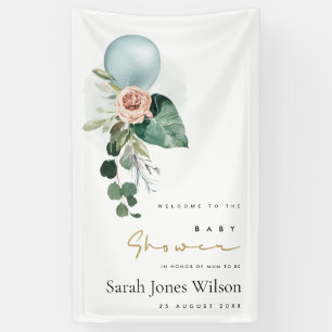 AQUA BLUE BALLOON PEACH FLORAL BUNCH BABY SHOWER BANNER