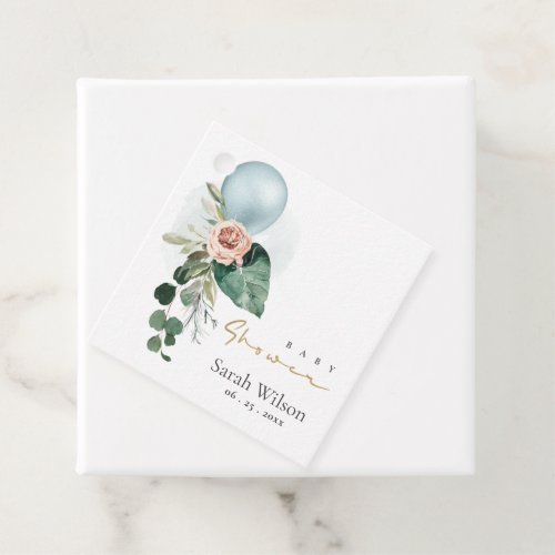 AQUA BLUE BALLOON PEACH FLORAL BUNCH BABY SHOWER FAVOR TAGS