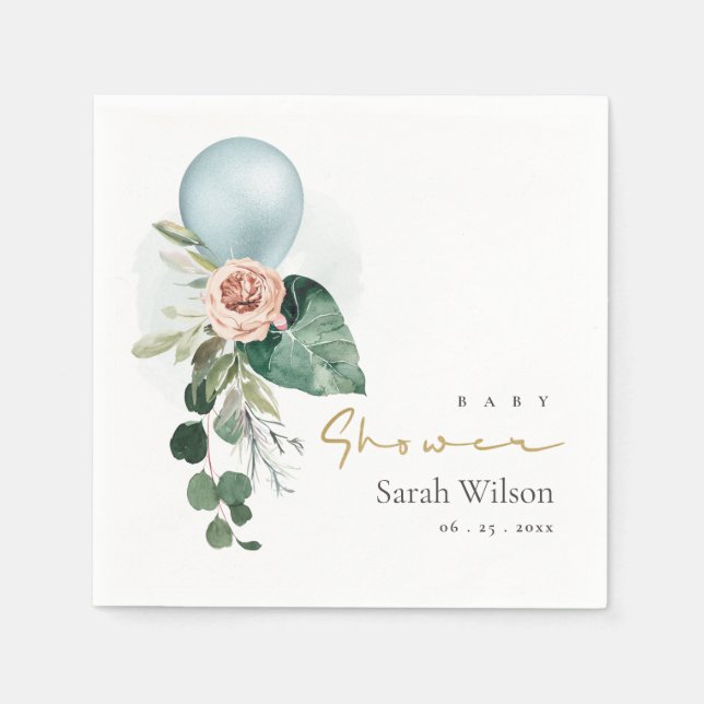 AQUA BLUE BALLOON PEACH FLORAL BUNCH BABY SHOWER NAPKINS (Front)