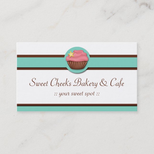 Aqua Blue Banner Pink Cupcake Business Cards (Front)