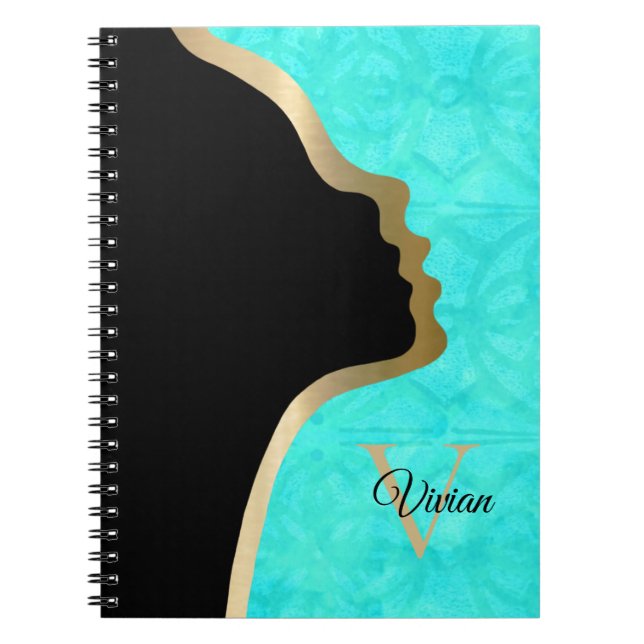 Aqua Blue Batik Black And Gold Face Name Notebook (Front)
