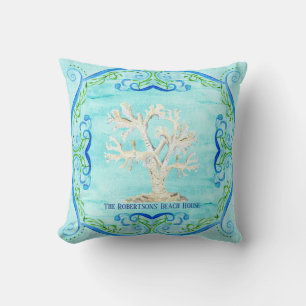 Aqua Blue Beach House Home Decor Coral Scrollwork Throw Pillow