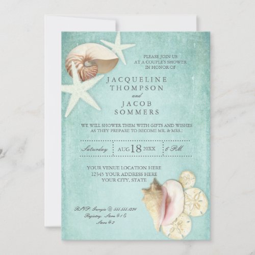 Aqua Blue Beach Ocean Shell Sand Couples Shower Invitation