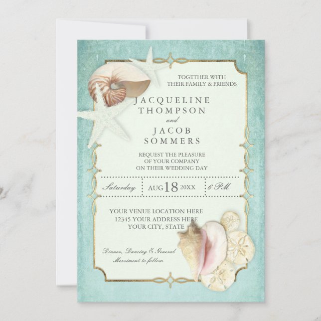 Aqua Blue Beach Ocean Shell Sand Faux Gold Wedding Invitation (Front)
