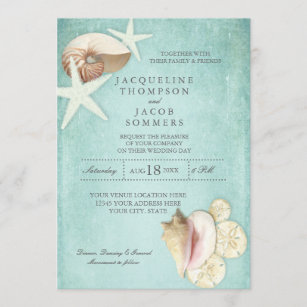 Aqua Blue Beach Ocean Shell Sand Seashells Wedding Invitation