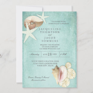 Aqua Blue Beach Ocean Shell Sand Seashells Wedding Invitation