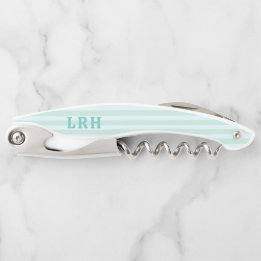 Aqua Blue Beach Stripe Tiny Initials Monogram Waiter's Corkscrew