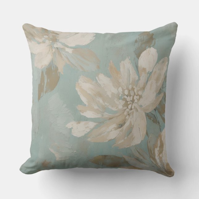 Aqua Blue Beige Cream Abstract Floral Throw Pillow (Front)
