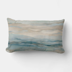 Aqua Blue Beige Teal Cream Abstract Wave Pattern Lumbar Pillow