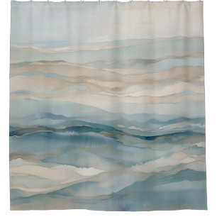 Aqua Blue Beige Teal Cream Abstract Wave Pattern Shower Curtain