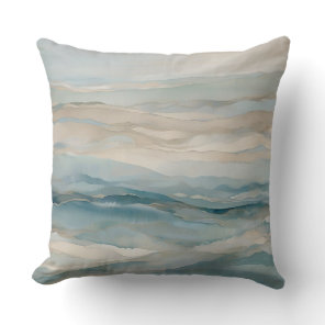 Aqua Blue Beige Teal Cream Abstract Wave Pattern Throw Pillow