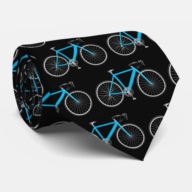 aqua blue bicycle on black neck tie (Rolled)