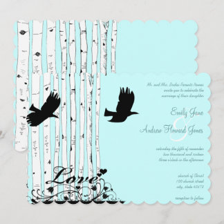 Aqua Blue Birch Tree Love Bird Wedding Invitations