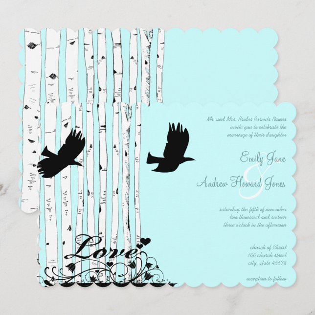 Aqua Blue Birch Tree Love Bird Wedding Invitations (Front/Back)