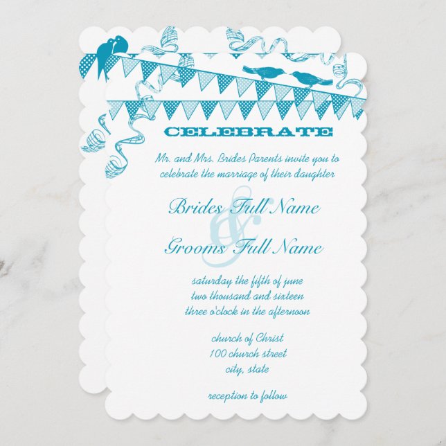Aqua Blue Bird Bunting Pennant Wedding Invitations (Front/Back)