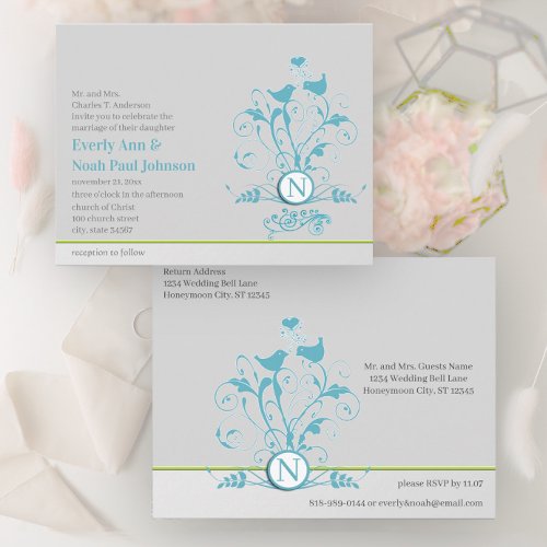 Aqua Blue Birds Hearts Wedding Invitation Postcard