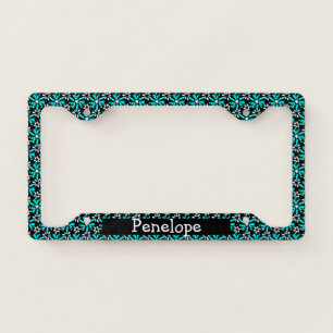Aqua Blue & Black Batik Flower Pattern Your Name License Plate Frame