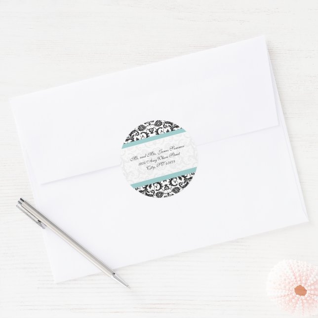 Aqua Blue Black Damask Address Wedding Stickers (Envelope)