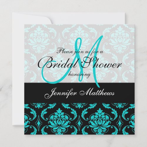 Aqua Blue Black Damask Bridal Shower Invitation