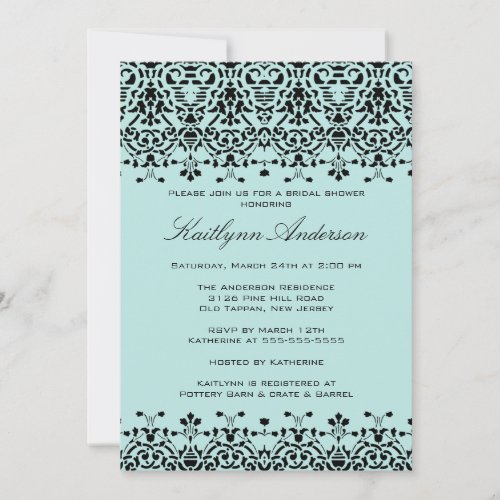 Aqua Blue &amp; Black Damask Bridal Shower Invitation