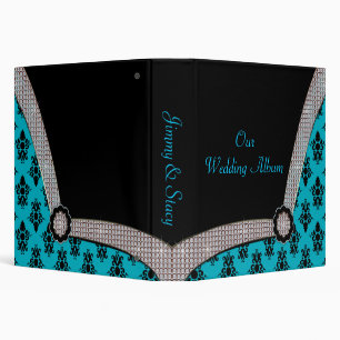 Aqua Blue & Black Damask Gem Sparkle Binder