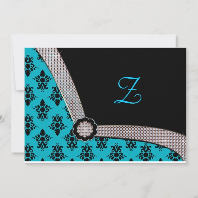 Aqua Blue & Black Damask Gem Sparkle Invitation (Front)