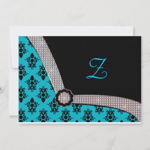 Aqua Blue &amp; Black Damask Gem Sparkle Invitation