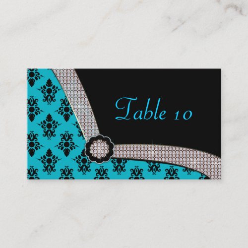 Aqua Blue &amp; Black Damask Gem Sparkle Business Card