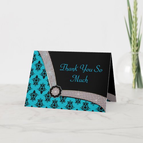 Aqua Blue  Black Damask Gem Sparkle Thank You Card