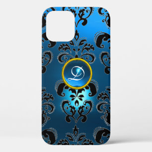 AQUA BLUE BLACK DAMASK GEMSTONE MONOGRAM iPhone 12 CASE