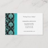 Aqua Blue / Black Damask Monogram Interior Design Business Card (Back)