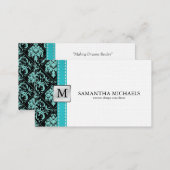 Aqua Blue / Black Damask Monogram Interior Design Business Card (Front/Back)