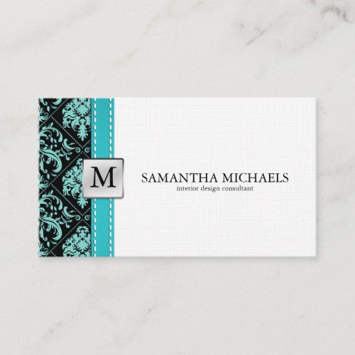 Aqua Blue / Black Damask Monogram Interior Design Business Card
