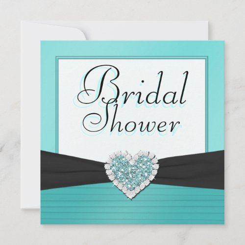 Aqua Blue &amp; Black Glitter Heart Wedding Shower Invitation