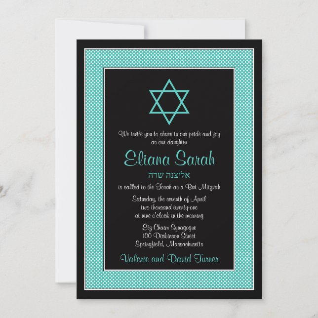 Aqua Blue Black Polka Dot Bat Mitzvah Invitation (Front)