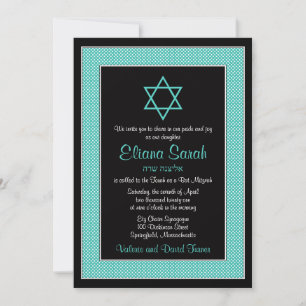 Aqua Blue Black Polka Dot Bat Mitzvah Invitation