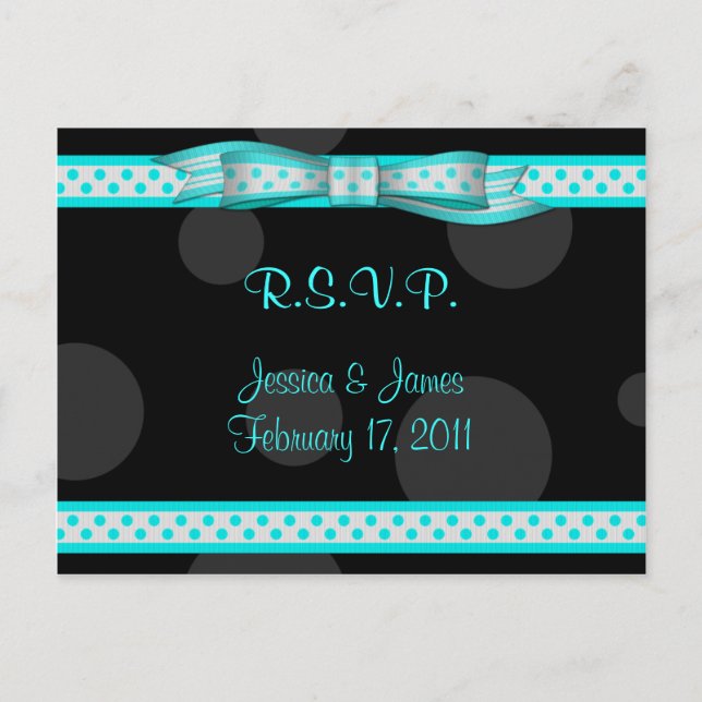 Aqua Blue Black Polka Dot Ribbon RSVP Postcard (Front)