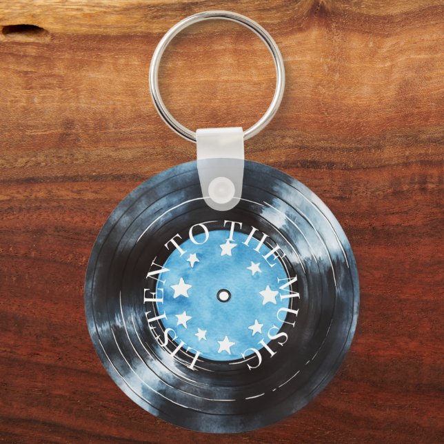 Aqua Blue Black Record Music Keychain (Front)