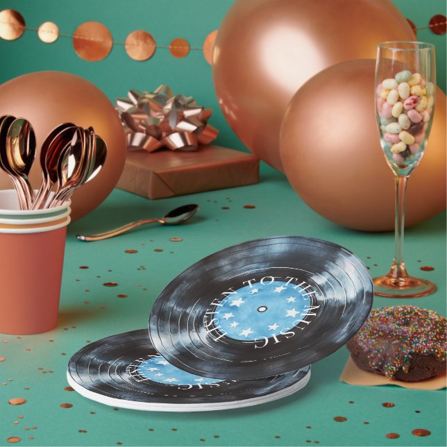 Aqua Blue Black Record Music Paper Plates (Multi)