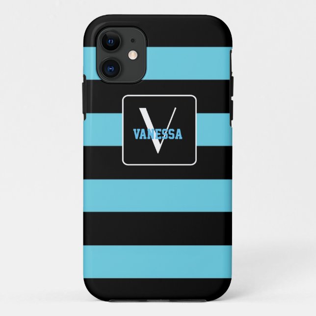 Aqua Blue &  Black Stripes - Personalize Your Own Case-Mate iPhone Case (Back)