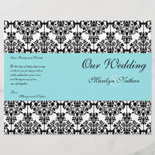 Aqua Blue, Black, White Damask Wedding Program