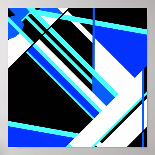 Aqua Blue Black White Diagonal Geometric Design Po Poster (Front)