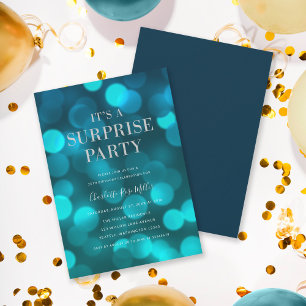 Aqua Blue Bokeh It's a Surprise Party Birthday Invitation
